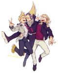 3boys :d age_comparison amplifier arm_around_shoulder arm_around_waist belt belt_buckle blonde_hair boku_no_hero_academia boots buckle bulge costume crested_hair dated english_text epaulettes facial_hair fingerless_gloves full_body glasses gloves green_eyes hair_up hand_on_another&#039;s_shoulder happy_birthday headphones jacket jewelry jumping long_hair looking_at_another male_focus multiple_boys multiple_persona mustache open_mouth present_mic quiff school_uniform shocker_(gesture) short_hair simple_background smile studded_belt studded_jacket sunglasses tied_hair tinted_eyewear tongue tongue_out u.a._school_uniform ura_musi v white_background 