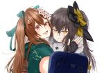  2girls absurdres arm_up bangs black_gloves blush bow brown_hair eyebrows_visible_through_hair fingerless_gloves flower fur-trimmed_kimono fur_trim girls_frontline gloves hair_bow hair_flower hair_ornament hair_ribbon hairclip highres holding holding_phone japanese_clothes kimono long_hair looking_at_viewer multiple_girls open_mouth phone red_eyes ribbon ryunosuke_nikaido scar scar_across_eye selfie side_ponytail smile twintails ump45_(girls&#039;_frontline) ump45_(lonely_traveler_of_eternity)_(girls&#039;_frontline) ump9_(girls&#039;_frontline) unhappy upper_body white_background yellow_eyes 