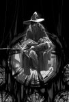  0000-111-0100-0 1boy amon_(lord_of_the_mysteries) bangs black_eyes black_hair black_robe chinese_commentary commentary_request crossed_legs hat highres lord_of_the_mysteries monochrome monocle shoes short_hair sitting smile solo string window wizard_hat 
