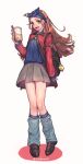  1girl alternate_costume brown_eyes brown_hair bubble_tea full_body gensou_suikoden gensou_suikoden_ii hairband highres long_hair looking_at_viewer millie_(suikoden) open_mouth sakai_(motomei) simple_background skirt smile solo white_background 