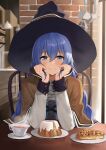  1girl absurdres ayul_(ayulneri_92) bangs blue_eyes blue_hair blush braid breasts brick_wall cake cape cup dessert dot_nose elbows_on_table food hair_between_eyes hat head_rest highres indoors long_hair long_sleeves looking_at_viewer mushoku_tensei pie pov_across_table roxy_migurdia saucer sitting smile solo table tea teacup twin_braids witch_hat 