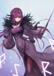 1girl absurdres breasts crossed_arms dress fate/grand_order fate_(series) fur_trim highres jewelry large_breasts long_hair pendant purple_hair red_eyes scathach_(fate)_(all) scathach_skadi_(fate/grand_order) tiara wand yasu8yasu_joas