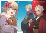  1boy 2girls ahoge amakusa_shirou_(fate) animal bangs blonde_hair boar edmond_dantes_(fate) eyebrows_behind_hair eyebrows_visible_through_hair fate/apocrypha fate/grand_order fate_(series) hair_between_eyes hair_ribbon happy_new_year highres holding holding_umbrella japanese_clothes jeanne_d&#039;arc_(fate) jeanne_d&#039;arc_alter_santa_lily_(fate) kimono looking_at_viewer multiple_girls new_year oil-paper_umbrella open_mouth ribbon scarf short_hair silver_hair smile teeth tofu_(bean359) umbrella upper_body yellow_eyes 