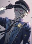  1boy blonde_hair fangs formal gloves guiltia_brion hat idol jewelry long_sleeves looking_at_viewer looking_down necklace pale_skin red_eyes skmrknm solo suit vampire visual_prison 