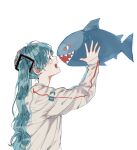  1girl blue_hair commentary_request from_side hagimorijia hatsune_miku holding holding_stuffed_toy long_hair long_sleeves open_mouth profile shirt simple_background sleeves_past_wrists solo stuffed_animal stuffed_shark stuffed_toy twintails upper_body vocaloid white_background white_shirt 