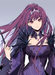  1girl absurdres ame-san_(pixiv30531768) breasts crossed_arms dress fate/grand_order fate_(series) fur_trim highres jewelry large_breasts long_hair pendant purple_hair red_eyes scathach_(fate)_(all) scathach_skadi_(fate/grand_order) tiara wand 