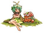  1girl animal antennae aqua_hair barefoot blush butterfly_wings dress eternity_larva eyebrows_visible_through_hair fairy green_dress hair_between_eyes highres howhow_notei leaf leaf_on_head multicolored_clothes multicolored_dress open_mouth power_item_(touhou) raccoon short_hair short_sleeves simple_background single_strap solo touhou white_background wings yellow_eyes 