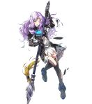  1girl alternate_costume armor bangs black_armor boots breasts circlet dress fire_emblem fire_emblem:_the_blazing_blade fire_emblem_heroes florina_(fire_emblem) full_body gloves green_eyes highres jewelry long_hair long_sleeves medium_breasts non-web_source official_art parted_bangs purple_hair ringozaka_mariko shiny shiny_hair short_dress solo thigh-highs thigh_boots torn_clothes transparent_background white_dress zettai_ryouiki 