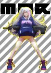 1girl assault_rifle bandaid bandaid_on_knee bangs character_name commentary_request desert_tech_mdr full_body girls_frontline gun hair_over_one_eye highres holding holding_gun holding_weapon hood hood_down hoodie legs_apart long_hair mdr_(girls&#039;_frontline) one_eye_closed one_side_up pink_eyes pink_hair rifle sakurapiyo2 shoes shorts smile solo standing striped striped_background weapon white_hair yellow_shorts 