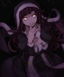 1girl bandaged_arm bandages bangs belly_chain black_background black_hair cross danganronpa_(series) danganronpa_2:_goodbye_despair from_above habit hands_up highres jewelry long_hair long_sleeves looking_at_viewer looking_up messy_hair mole mole_under_eye nun purple_hair rin&#039;no solo tearing_up tsumiki_mikan yellow_eyes 