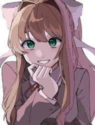  1girl absurdres blazer bow brown_hair doki_doki_literature_club green_eyes highres jacket long_hair looking_at_viewer mitty3302004 monika_(doki_doki_literature_club) ponytail ribbon school_uniform smile solo teeth white_bow 