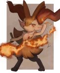  animal_ear_fluff animal_ears black_fur border braixen brown_background closed_mouth digitigrade fang fire fox_ears fox_tail full_body hand_up highres holding holding_stick ikei looking_at_viewer multicolored_fur orange_eyes orange_fur outside_border pokemon red_nose signature simple_background skin_fang snout solo standing stick symbol-only_commentary tail tsurime white_border yellow_fur 