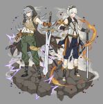  2boys bandages bandaid bandaid_on_nose belt bennett_(genshin_impact) boots brown_gloves closed_mouth electricity fire genshin_impact gloves goggles goggles_on_head greatsword green_eyes grey_background grey_hair grin highres holding holding_sword holding_weapon hood hood_up long_hair male_focus multiple_boys pants papajay_(jennygin2) partially_fingerless_gloves razor_(genshin_impact) red_eyes scar scar_on_face shorts simple_background smile sword symbol-only_commentary weapon white_hair 