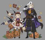  1boy 1girl albedo_(genshin_impact) alternate_costume ascot bangs belt black_coat black_gloves blonde_hair blue_eyes cane cape closed_mouth clover coat cross dress four-leaf_clover frilled_dress frills genshin_impact gloves grey_background halloween halloween_costume hat highres holding jack-o&#039;-lantern klee_(genshin_impact) long_sleeves low_twintails mask mask_on_head open_mouth orange_ascot papajay_(jennygin2) plague_doctor_mask pointy_ears pouch red_eyes red_headwear short_sleeves simple_background sparkle standing striped striped_legwear symbol-only_commentary thigh-highs twintails winged_hat wings 