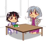  2girls =3 anonymous_(japanese) barefoot bell_pepper black_hair blush blush_stickers chair closed_mouth dress eyebrows_visible_through_hair food fork frown grey_jacket gyate_gyate hair_between_eyes holding holding_fork horns jacket jaggy_lines kijin_seija kishin_sagume long_sleeves multicolored_hair multiple_girls open_clothes open_jacket pepper plate purple_dress red_eyes redhead short_hair single_wing sitting streaked_hair table touhou vegetable white_hair white_wings wings 
