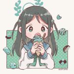  +_+ 1girl :o airi_(blue_archive) bangs black_hair blue_archive blue_sailor_collar bow commentary_request eyebrows_visible_through_hair food green_bow green_eyes halo holding holding_food ice_cream ice_cream_cone koru_koruno long_hair long_sleeves looking_at_viewer open_mouth parted_bangs puffy_long_sleeves puffy_sleeves sailor_collar shirt signature sleeves_past_wrists solo two_side_up upper_body white_shirt 