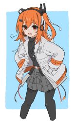  1girl adachi_rei belt black_leggings blue_background border commentary_request cropped_legs gloves grey_skirt hair_ornament hair_ribbon hairclip headlamp headset highres inoa_771 jacket leggings looking_at_viewer medium_hair one_side_up open_clothes open_jacket open_mouth orange_belt orange_eyes orange_hair outside_border pleated_skirt pocket radio_antenna ribbon skirt solo turtleneck utau white_border white_gloves white_jacket 
