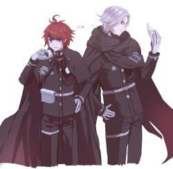 2boys ahoge aotsuki_eito belt black_cape black_cloak black_jacket black_pants blue_eyes cape cloak cropped_legs gakuran glasses gloves grey_hair grin hand_on_own_hip highres holding holding_mask jacket last_defense_academy_school_uniform looking_at_viewer male_focus mask mmjb_r99 multicolored_hair multiple_boys pants red_hair school_uniform short_hair simple_background smile streaked_hair sumino_takumi the_hundred_line_-last_defense_academy- violet_eyes white_background white_belt white_gloves 