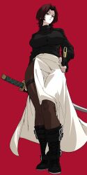  1girl absurdres black_boots black_eyes black_sweater boots breasts brown_pantyhose commentary curtained_hair from_below full_body highres holding holding_sword holding_weapon jooyeon_(rocklobster52s) knee_boots large_breasts long_skirt medium_hair original pantyhose red_background red_hair rocklobster52s side_slit simple_background skirt solo sweater sword tomboy turtleneck turtleneck_sweater weapon white_skirt wolf_cut 