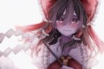 1girl angst annin_cha bare_shoulders bloom blush bow brown_hair crying crying_with_eyes_open detached_sleeves face frills gohei hair_between_eyes hair_bow hair_tubes hakurei_reimu highres long_hair looking_at_viewer solo tears touhou upper_body
