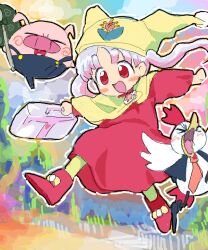  1girl :d araessa bad_drawr_id bad_id bindle bird blush_stickers boots briefcase capelet chicken day dress full_body hat holding holding_briefcase jester_cap long_sleeves oekaki open_mouth outdoors outline pantyhose pig princess_silver print_hat puddle red_boots red_dress red_eyes running smile sutonsuton white_hair white_outline yellow_capelet yellow_hat yellow_pantyhose yoyoyotto yume_no_crayon_oukoku 