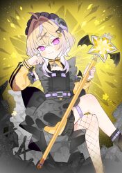  1girl ahoge apron asymmetrical_legwear black_apron black_pantyhose black_socks blunt_bangs blush closed_mouth commentary_request croix_(croixtw) crossed_bangs crossed_legs dark_persona detached_sleeves double-parted_bangs feet_out_of_frame fishnet_pantyhose fishnets frilled_skirt frills hair_between_eyes hair_intakes highres holding holding_staff jacket long_sleeves looking_at_viewer maid_headdress medium_hair mismatched_legwear multicolored_hair nijisanji pantyhose pink_eyes pomelo_punch purple_streaks simple_background single_hair_streak single_leg_pantyhose single_sock sitting skirt sleeveless sleeveless_jacket smile socks solo staff star_(symbol) streaked_hair track_jacket uneven_legwear virtual_youtuber yellow_background yellow_jacket yellow_skirt yellow_sleeves zipper_pull_tab 