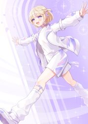  1girl :d absurdres akowazaki blonde_hair commentary_request fang highres hololive hololive_dev_is jacket leg_warmers long_sleeves multicolored_hair open_clothes open_jacket open_mouth outstretched_arms purple_hair shirt shoes short_hair shorts smile sneakers solo spread_arms streaked_hair todoroki_hajime todoroki_hajime_(1st_costume) two_side_up violet_eyes virtual_youtuber white_jacket white_leg_warmers white_shirt white_shoes white_shorts 