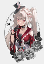 1girl asagizuisen black_gloves black_hat closed_mouth clothing_cutout diamond_(shape) diamond_facial_mark facial_mark gloves grey_background grey_hair grey_robe half_gloves hand_up hat heart heart_facial_mark highres honkai:_star_rail honkai_(series) long_hair long_sleeves looking_at_viewer mark_under_both_eyes mini_hat mini_top_hat pink_eyes robe shoulder_cutout simple_background smile solo sparkle_(honkai:_star_rail) sparxie_(honkai:_star_rail) teeth top_hat twintails twitter_username upper_teeth_only v wide_sleeves 