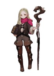  1girl black_jacket blonde_hair book boots brown_boots closed_mouth commentary_request eyelashes fantasy full_body grey_shorts hair_behind_ear highres holding holding_book holding_staff jacket jun_(navigavi) long_hair long_sleeves looking_at_viewer making-of_available original pink_scarf pointy_ears scarf shirt shorts simple_background solo staff standing thigh_boots white_background white_shirt wide_sleeves yellow_eyes 