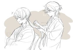  +++ 2boys :o age_difference brushing_hair chair closed_eyes collared_shirt commentary dangle_earrings earrings haori highres holding_another's_hair japanese_clothes jewelry lineart long_hair male_focus maru_tamagoo multiple_boys on_chair open_mouth oujin_(strange_eden) partially_colored ponytail shirt short_ponytail sitting smile sparkle strange_eden upper_body uzuki_hinata_(strange_eden) 