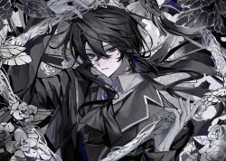  1boy artist_request ascot black_ascot black_butterfly black_eyes black_hair black_jacket brooch bug butterfly collared_shirt commission e.g.o_(project_moon) flower gloves grey_background hair_between_eyes highres holding holding_picture_frame jacket jewelry lapels limbus_company long_hair looking_at_viewer male_focus notched_lapels parted_lips picture_frame project_moon second-party_source shirt solemn_lament_(e.g.o) solo spot_color upper_body white_flower white_gloves white_shirt yi_sang_(project_moon) 