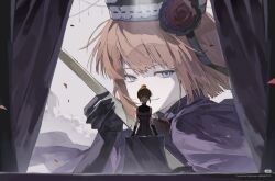 2girls bad_source black_gloves black_hat blue_eyes brown_hair curtains dress eva_beatrice flower gloves hat microphone multiple_girls purple_dress red_flower red_rose rose table umineko_no_naku_koro_ni ushiromiya_eva 