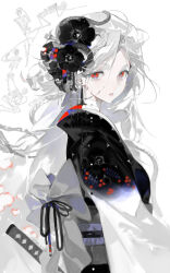  1girl absurdres back_bow beads black_flower black_kimono black_ribbon bow dated eteru flower grey_bow grey_sash hair_flower hair_ornament highres japanese_clothes kimono long_hair long_sleeves looking_at_viewer obi original red_eyes ribbon sash skeleton solo tears tears_from_one_eye upper_body white_background white_hair 