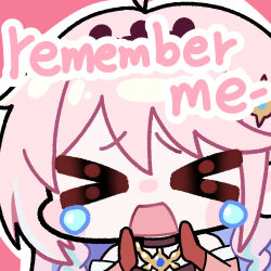  >_< 1girl chibi chibi_only commentary denia_(wuthering_waves) english_text facing_viewer gloves hands_up long_hair open_mouth pink_background pink_hair red_gloves simple_background solo sticker_(medium) twomoon wuthering_waves 
