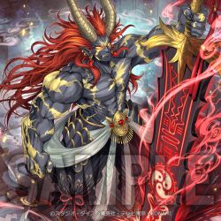  1boy abs akasuna_the_golden_deity_asutra anonymous_(yu-gi-oh!) biceps brown_hair clenched_teeth colored_skin copyright_logo duel_monster earrings grey_skin holding holding_sword holding_weapon horns jewelry logo manly muscular muscular_male no_pupils official_art oni pants pointy_ears sample_watermark sword teeth topless_male watermark weapon yu-gi-oh! 