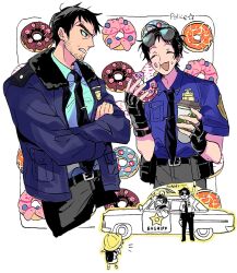  2boys adachi_tooru backpack bag belt black_belt black_gloves black_hair black_necktie commentary_request cup disposable_coffee_cup disposable_cup doughnut doujima_nanako doujima_ryoutarou eating eyewear_on_head food food_on_face gloves hamusitas hat highres male_focus multiple_boys necktie open_mouth persona persona_4 police police_badge police_uniform school_hat sparse_stubble sprinkles sunglasses waving 