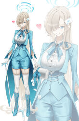  12xiaopumpit29 1girl absurdly_long_hair absurdres ace_(playing_card) ace_of_clubs ace_of_diamonds alternate_costume aqua_boots aqua_bow aqua_bowtie aqua_coat aqua_eyes aqua_shorts aqua_vest asuna_(blue_archive) bell_sleeves blonde_hair blue_archive blue_gem blue_halo blush boots bow bowtie breasts cane card club_(shape) coat coattails collared_shirt commentary diamond_(shape) dot_nose frilled_shirt frilled_shirt_collar frills full_body garter_straps gem gloves grin hair_over_one_eye hair_over_shoulder halo hat hat_bow heart high_heel_boots high_heels highres holding holding_cane holding_unworn_clothes holding_unworn_hat impossible_clothes impossible_shirt jacket knee_boots lace-up_boots lapels large_breasts long_hair long_sleeves looking_at_viewer magician open_clothes open_coat pale_skin playing_card playing_card_hair_ornament shirt short_shorts shorts simple_background skindentation smile solo standing tailcoat thigh-highs top_hat unworn_hat unworn_headwear very_long_hair vest white_background white_garter_straps white_gloves white_hat white_shirt white_thighhighs wide_hips zoom_layer 