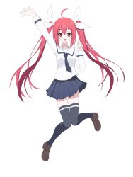  1girl absurdres ahoge arm_up black_necktie black_thighhighs blue_skirt breasts brown_shoes date_a_live full_body hair_ribbon happy highres itsuka_kotori long_sleeves looking_at_viewer necktie open_mouth pleated_skirt red_eyes red_hair ribbon shirt shoes skirt small_breasts smile solo thigh-highs twintails white_background white_ribbon white_shirt ykrudzero 
