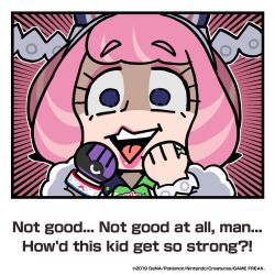  1girl bkub bow bracelet chibi chibi_only coat collared_shirt commentary drill_hair drill_sidelocks emphasis_lines english_commentary english_text eyeshadow fur_coat gloves green_shirt hair_bow hairband hands_on_own_cheeks hands_on_own_face jewelry klara_(pokemon) lipstick looking_at_viewer makeup mole mole_under_mouth official_art open_mouth pink_eyeshadow pink_hair pink_lips pokemon pokemon_masters_ex purple_gloves ring second-party_source shaded_face shirt short_hair sidelocks single_glove solo teeth upper_teeth_only violet_eyes white_bow white_coat white_hairband 
