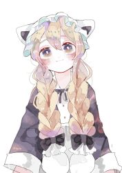  1girl apron blonde_hair bow braid dress frills hanamaki_hanarou hat long_hair looking_at_viewer magical_girl mahou_shoujo_ikusei_keikaku mahou_shoujo_ikusei_keikaku_restart maid mob_cap nokko-chan sitting smile solo twin_braids 