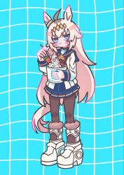  1girl ahoge animal_ears black_pantyhose blue_eyes blue_sailor_collar blue_skirt blush boots brooch carrot closed_mouth cup ear_ornament eating food grey_hair grey_tail hair_between_eyes hairband highres holding holding_cup holding_spoon horse_ears horse_girl horse_tail ice_cream jacket jewelry long_hair long_sleeves multicolored_hair naru_375 neckerchief oguri_cap_(starlight_beat)_(umamusume) oguri_cap_(umamusume) pantyhose pleated_skirt red_neckerchief sailor_collar shirt skirt spoon star_brooch tail umamusume white_boots white_jacket white_shirt 