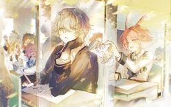  2boys 6+girls :3 :d :o animal_ears bare_shoulders baseball_bat bento black_gloves black_hair blowing_bubble_gum blue_bow blue_ribbon blush book bow breasts caelus_(honkai:_star_rail) cellphone chair character_request chewing_gum closed_eyes collared_shirt desk drawing_(action) drawing_(object) elbow_on_table evanescia_(honkai:_star_rail) eyewear_on_head falling_leaves fingerless_gloves floating_hair flower food food_on_face fox_ears fox_girl from_outside glasses gloves grey_hair hair_between_eyes hair_ornament hair_ribbon hand_on_own_head hand_up hands_up hat head_on_hand highres himeko_(honkai:_star_rail) holding holding_drawing holding_pencil holding_phone honkai:_star_rail honkai_(series) indoors jacket jitome kino-cands leaf long_hair long_sleeves looking_at_another looking_at_viewer looking_to_the_side lossy-lossless march_7th_(honkai:_star_rail) mechanical_pencil medium_breasts multiple_boys multiple_girls notebook open_mouth paper parted_lips pencil phone pink_hair raccoon red_hair ribbon school_desk shirt short_hair short_hair_with_long_locks silver_wolf_(honkai:_star_rail) sitting smartphone smile sparkle sparkle_(honkai:_star_rail) sparxie_(honkai:_star_rail) standing stitched trailblazer_(honkai:_star_rail) twintails twitter_username violet_eyes walking welt_yang white_hair white_shirt wide_sleeves window writing yellow_eyes yellow_theme 
