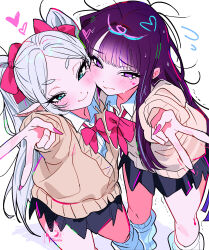  2girls absurdres blue_eyes blush bow bowtie brown_cardigan cardigan cheek-to-cheek closed_mouth commentary_request dixretsa elf fern_(sousou_no_frieren) fingernails frieren gyaru hair_bow heads_together heart highres kogal long_hair looking_at_viewer loose_socks multiple_girls pink_nails pleated_skirt pointy_ears purple_hair school_uniform simple_background skirt smile socks sousou_no_frieren trembling twintails v violet_eyes white_background white_hair 