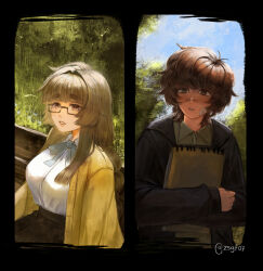  1boy 1girl artist_name bandage_on_face bandages bandaid bandaid_on_face bandaid_on_nose bench black_jacket black_skirt blue_sky blunt_bangs blush braces braid breasts brown_hair cardigan collared_shirt day degrees_of_lewdity from_above gift_art glasses grass green_eyes green_shirt hair_intakes high-waist_skirt highres hikimayu holding holding_sketchbook jacket kylar_(degrees_of_lewdity) kylar_(male)_(degrees_of_lewdity) large_breasts long_sidelocks long_sleeves multiple_pov on_bench open_cardigan open_clothes open_jacket original outdoors park_bench parted_lips player_character_(degrees_of_lewdity) player_character_(female)_(degrees_of_lewdity) pleated_skirt pov rectangular_eyewear school_uniform semi-rimless_eyewear shirt shirt_tucked_in short_hair sidelocks sketchbook skirt sky tree under-rim_eyewear upper_body white_shirt yellow_cardigan yellow_eyes zerosevengt 