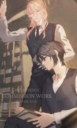  2boys bedge black_hair black_necktie black_pants blue_eyes book bookshelf collared_shirt commentary commission degrees_of_lewdity english_commentary glasses hair_between_eyes highres ladder library multiple_boys necktie open_mouth orange_eyes orange_hair original pants player_character_(degrees_of_lewdity) player_character_(male)_(degrees_of_lewdity) shirt sweater_vest sydney_(degrees_of_lewdity) sydney_(male)_(degrees_of_lewdity) 