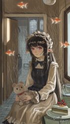  1girl absurdres apron bandaid bandaid_on_face black_hair blunt_bangs bow bowtie cake cake_slice chinese_text commentary_request cowboy_shot cup dress fish food frills goldfish hair_ornament hairclip highres holding holding_stuffed_toy indoors jili51232 long_hair long_sleeves looking_at_viewer maid maid_headdress open_door original painterly pinafore_dress pointy_ears red_eyes ribbon sidelocks signature sitting sleeveless sleeveless_dress smile solo stuffed_animal stuffed_toy surreal table teacup teddy_bear tile_floor tiles window 