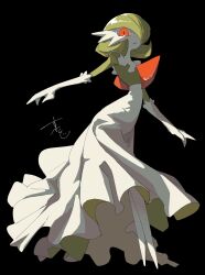  black_background bob_cut colored_skin dress full_body gardevoir green_hair green_skin highres looking_at_viewer multicolored_skin parted_lips pokemon pokemon_(creature) pokemon_focus red_eyes signature solo standing supiraji_penpen two-tone_skin white_dress white_skin 