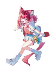  1girl :d akami_karubi animal_ears animal_hands bell blue_eyes bow cat_ears commentary_request crazy_raccoon fang full_body gloves heart heart_necklace highres jacket jewelry looking_at_viewer loose_socks necklace open_mouth paw_gloves pink_hair pink_ribbon red_shirt ribbon sai_saburou shirt shoes short_sleeves short_twintails shorts smile socks solo stuffed_animal stuffed_toy tail twintails white_background white_jacket white_shoes white_shorts white_socks 