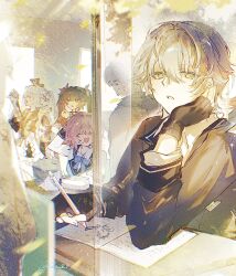  2boys 3girls :d :o bare_shoulders bento black_gloves black_hair blue_bow book bow breasts caelus_(honkai:_star_rail) cellphone chair closed_eyes collared_shirt cropped desk drawing_(action) elbow_on_table falling_leaves fingerless_gloves food food_on_face from_outside glasses gloves grey_hair hair_between_eyes hair_ribbon hand_on_own_head hand_up hands_up hat head_on_hand highres holding holding_pencil holding_phone honkai:_star_rail honkai_(series) indoors jacket jitome kino-cands leaf long_hair long_sleeves looking_at_another looking_to_the_side march_7th_(honkai:_star_rail) mechanical_pencil medium_breasts multiple_boys multiple_girls notebook open_mouth parted_lips pencil phone pink_hair ribbon school_desk shirt short_hair sitting smartphone smile sparkle sparkle_(honkai:_star_rail) sparxie_(honkai:_star_rail) standing trailblazer_(honkai:_star_rail) twintails twitter_username welt_yang white_hair white_shirt wide_sleeves window yellow_eyes yellow_theme 