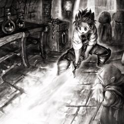  2boys bald beard belt belt_buckle boots buckle chain closed_eyes commentary_request facial_hair facing_to_the_side fantasy fighting_stance flask from_side full_beard full_body glowing glowing_sword glowing_weapon highres holding holding_sword holding_weapon indoors jun_(navigavi) knee_boots looking_to_the_side lower_teeth_only male_focus monochrome multiple_boys nose old old_man open-toe_shoes open_mouth original pants pillar pointy_ears robe safe_(container) short_hair sleeves_rolled_up standing stone_floor stone_wall sword teeth toes torch tunic very_short_hair weapon 